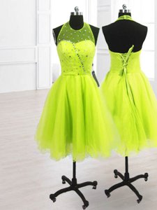Smart High-neck Sleeveless Homecoming Dress Online Knee Length Sequins Yellow Green Organza