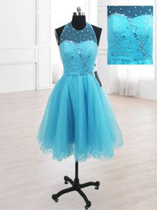 High-neck Sleeveless Organza Prom Gown Sequins Lace Up
