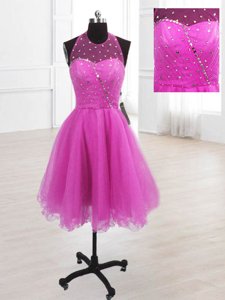 Discount Sleeveless Organza Knee Length Lace Up Prom Dresses in Rose Pink for with Sequins