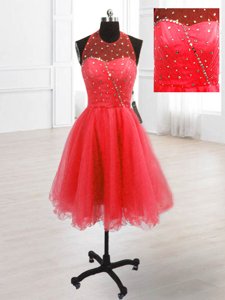 High Quality High-neck Sleeveless Evening Dress Knee Length Sequins Watermelon Red Organza