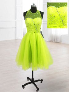 Customized Organza Sleeveless Knee Length Dress for Prom and Sequins