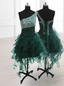 Glamorous One Shoulder Peacock Green Organza Lace Up Military Ball Gown Sleeveless Knee Length Beading and Ruffles