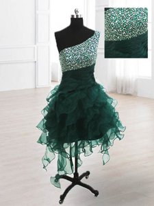 Enchanting One Shoulder Organza Sleeveless Knee Length Party Dress for Toddlers and Beading and Ruffles