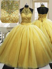Fashion Yellow High-neck Neckline Beading Quince Ball Gowns Sleeveless Lace Up