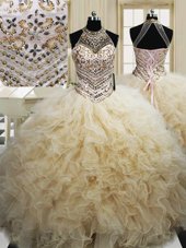 Clearance Halter Top Champagne Ball Gowns Beading and Ruffles Quinceanera Gown Lace Up Tulle Sleeveless Floor Length