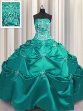 Cheap Aqua Blue Taffeta Lace Up Strapless Sleeveless Floor Length Sweet 16 Dress Beading and Appliques and Embroidery