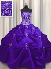 Comfortable Purple Ball Gowns Beading and Appliques and Embroidery Ball Gown Prom Dress Lace Up Taffeta Sleeveless Floor Length