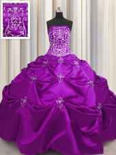 Fashionable Eggplant Purple Taffeta Lace Up Strapless Sleeveless Floor Length Ball Gown Prom Dress Beading and Appliques and Embroidery