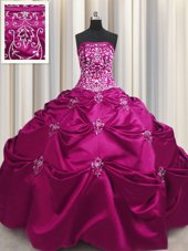 Enchanting Floor Length Fuchsia Sweet 16 Dress Taffeta Sleeveless Beading and Appliques and Embroidery
