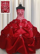 Sweet Taffeta Strapless Sleeveless Lace Up Beading and Appliques and Embroidery Quince Ball Gowns in Wine Red