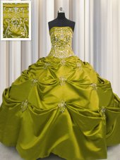 Glorious Olive Green Taffeta Lace Up Quince Ball Gowns Sleeveless Floor Length Beading and Appliques and Embroidery