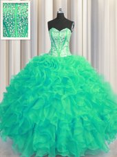 Smart Visible Boning Beaded Bodice Turquoise Sleeveless Floor Length Beading and Ruffles Lace Up 15 Quinceanera Dress