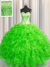 Adorable Visible Boning Beaded Bodice Ball Gowns Beading and Ruffles 15th Birthday Dress Lace Up Organza Sleeveless Floor Length