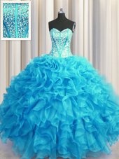 Visible Boning Bling-bling Baby Blue and Light Blue Organza Lace Up Sweetheart Sleeveless Floor Length 15th Birthday Dress Beading and Ruffles