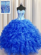 Sweet Visible Boning Beaded Bodice Sweetheart Sleeveless Ball Gown Prom Dress Floor Length Beading and Ruffles Royal Blue Organza