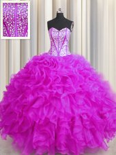 Popular Visible Boning Beaded Bodice Floor Length Lace Up Quinceanera Dress Fuchsia and In for Military Ball and Sweet 16 and Quinceanera with Beading and Ruffles