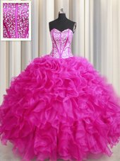 New Style Visible Boning Bling-bling Sweetheart Sleeveless Organza 15 Quinceanera Dress Beading and Ruffles Lace Up