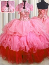 Attractive Visible Boning Bling-bling Sleeveless Organza Floor Length Lace Up Quinceanera Gown in Rose Pink for with Beading and Ruffled Layers