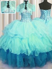 Fancy Visible Boning Bling-bling Aqua Blue Organza Lace Up Sweetheart Sleeveless Floor Length Quince Ball Gowns Beading and Ruffled Layers