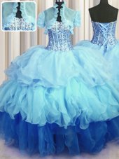 Dazzling Visible Boning Bling-bling Sleeveless Floor Length Beading and Ruffled Layers Lace Up Quince Ball Gowns with Multi-color