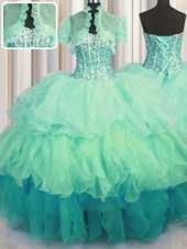 Graceful Visible Boning Bling-bling Floor Length Multi-color Sweet 16 Dress Organza Sleeveless Beading and Ruffled Layers