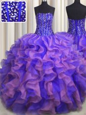 Dazzling Visible Boning Bling-bling Multi-color Ball Gowns Strapless Sleeveless Organza Floor Length Lace Up Beading and Ruffles Ball Gown Prom Dress