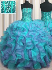 Nice Visible Boning Beaded Bodice Multi-color Ball Gowns Strapless Sleeveless Organza Floor Length Lace Up Beading and Ruffles Quinceanera Dress