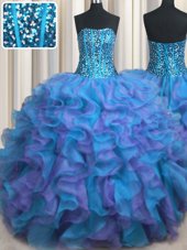 Traditional Visible Boning Bling-bling Multi-color Lace Up Sweet 16 Quinceanera Dress Beading and Ruffles Sleeveless Floor Length