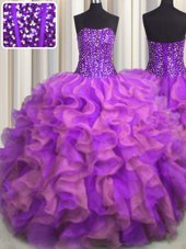 Glittering Visible Boning Beaded Bodice Ball Gowns 15 Quinceanera Dress Multi-color Strapless Organza Sleeveless Floor Length Lace Up