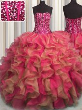 Admirable Visible Boning Beaded Bodice Multi-color Sweet 16 Dress Military Ball and Sweet 16 and Quinceanera and For with Beading and Ruffles Strapless Sleeveless Lace Up