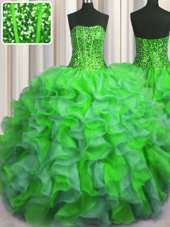 Visible Boning Bling-bling Multi-color Ball Gowns Organza Strapless Sleeveless Beading and Ruffles Floor Length Lace Up 15th Birthday Dress