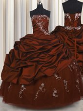 Dramatic Embroidery Floor Length Rust Red Quinceanera Gown Taffeta Sleeveless Beading and Appliques and Pick Ups