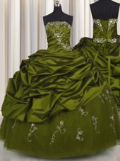 Free and Easy Embroidery Taffeta Strapless Sleeveless Lace Up Beading and Appliques and Pick Ups Quince Ball Gowns in Olive Green