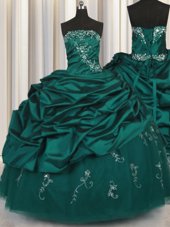 Best Selling Peacock Green Taffeta Lace Up Strapless Sleeveless Floor Length Ball Gown Prom Dress Beading and Appliques and Embroidery and Pick Ups