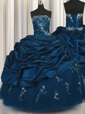 Best Selling Pick Ups Embroidery Ball Gowns Quince Ball Gowns Teal Strapless Taffeta Sleeveless Floor Length Lace Up