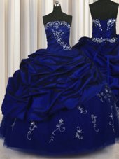 Free and Easy Royal Blue Ball Gowns Taffeta Strapless Sleeveless Beading and Embroidery and Pick Ups Floor Length Lace Up Sweet 16 Dress