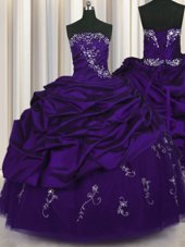 Great Purple Taffeta Lace Up 15th Birthday Dress Sleeveless Floor Length Beading and Embroidery and Pick Ups