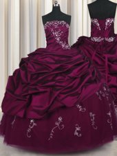 Latest Strapless Sleeveless Sweet 16 Dress Floor Length Beading and Appliques and Pick Ups Purple Taffeta