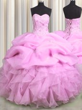 Exceptional Visible Boning Lilac Sleeveless Floor Length Beading and Ruffles and Pick Ups Lace Up Vestidos de Quinceanera