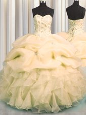 Best Visible Boning Yellow Organza Lace Up 15 Quinceanera Dress Sleeveless Floor Length Beading and Ruffles and Pick Ups