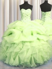 Suitable Visible Boning Yellow Green Ball Gowns Organza Sweetheart Sleeveless Beading and Ruffles and Pick Ups Floor Length Lace Up Sweet 16 Dress