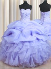 Fashion Visible Boning Lavender Sweetheart Neckline Beading and Ruffles Quinceanera Gowns Sleeveless Lace Up