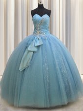 Traditional Baby Blue Sweetheart Lace Up Beading and Sequins and Bowknot 15 Quinceanera Dress Sleeveless