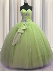 Fitting Sleeveless Floor Length Beading and Sequins and Bowknot Lace Up Sweet 16 Dress with Yellow Green