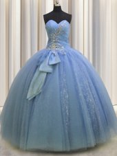 Nice Sweetheart Sleeveless Tulle Ball Gown Prom Dress Beading and Sequins and Bowknot Lace Up