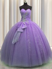Gorgeous Floor Length Lace Up 15th Birthday Dress Lavender and In for Military Ball and Sweet 16 and Quinceanera with Beading and Sequins and Bowknot
