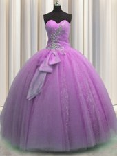 Stunning Lilac Lace Up Sweetheart Beading and Sequins and Bowknot 15th Birthday Dress Tulle Sleeveless