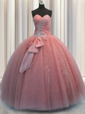 Extravagant Floor Length Watermelon Red Quinceanera Gowns Tulle Sleeveless Beading and Sequins and Bowknot