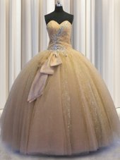 Chic Champagne Ball Gowns Beading and Bowknot Vestidos de Quinceanera Lace Up Tulle and Sequined Sleeveless Floor Length