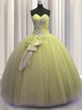 Ideal Light Yellow Ball Gowns Beading and Sequins and Bowknot Quinceanera Gowns Lace Up Tulle Sleeveless Floor Length